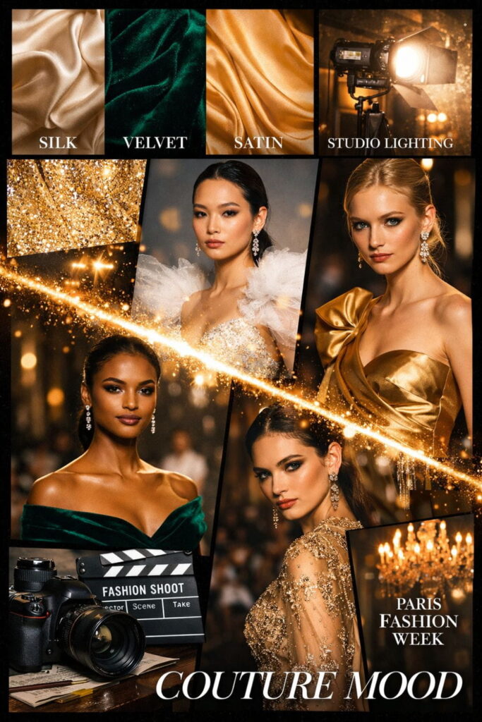 100 Luxury AI Fashion Prompts for Runway & Editorial Photoshoots (Ultimate Guide) 7 Luxury AI Fashion Prompts featuring fabric lighting and editorial photography