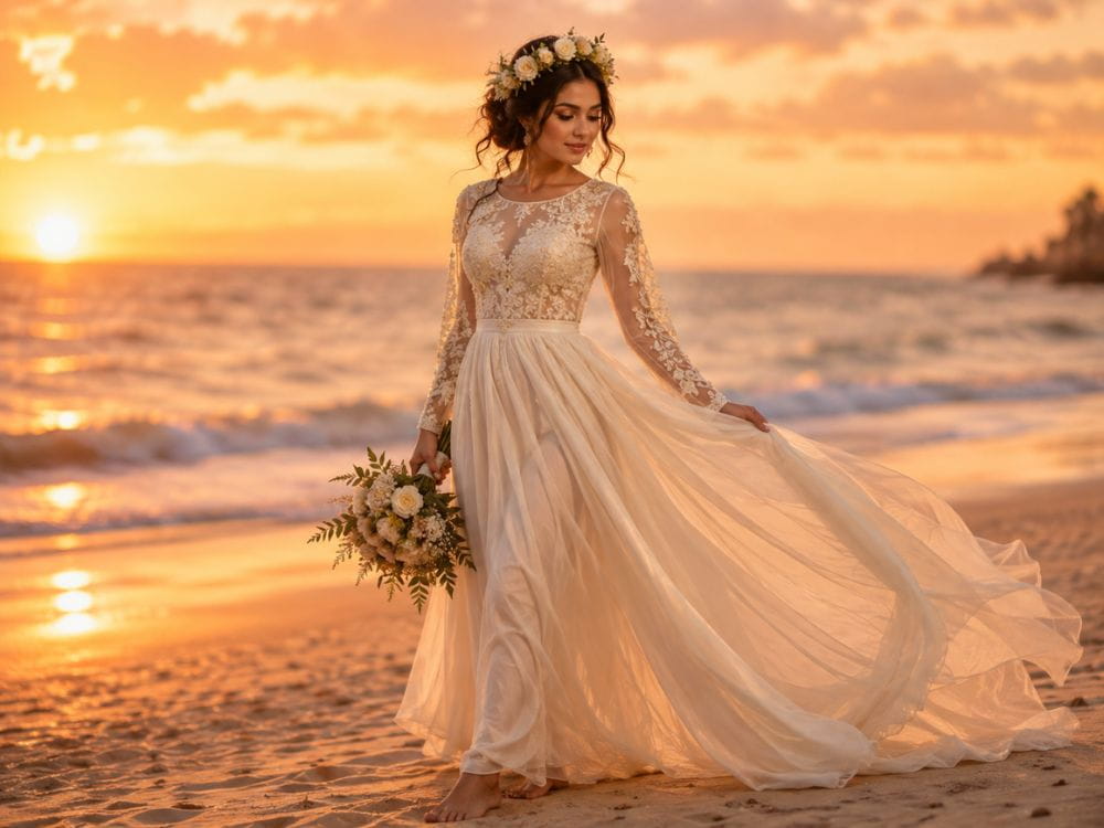 Bridal AI fashion prompts for flowing chiffon gown on a beach at sunset
