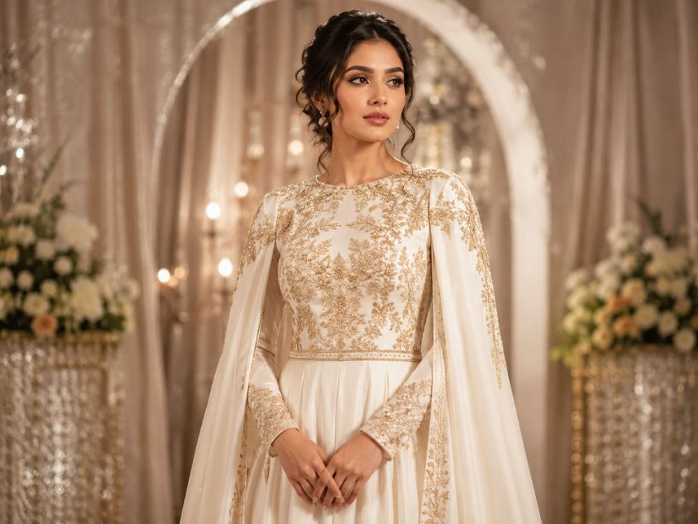 Bridal AI fashion prompts for modern ivory fusion gown with gold embroidery