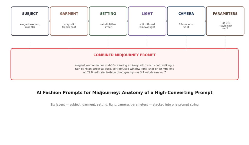 Diagram showing the six-part structure of AI fashion prompts for Midjourney