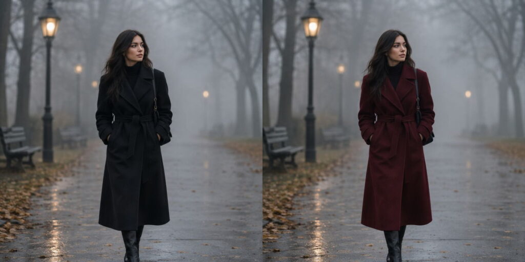 Before and after comparison of an iterated Midjourney fashion prompt