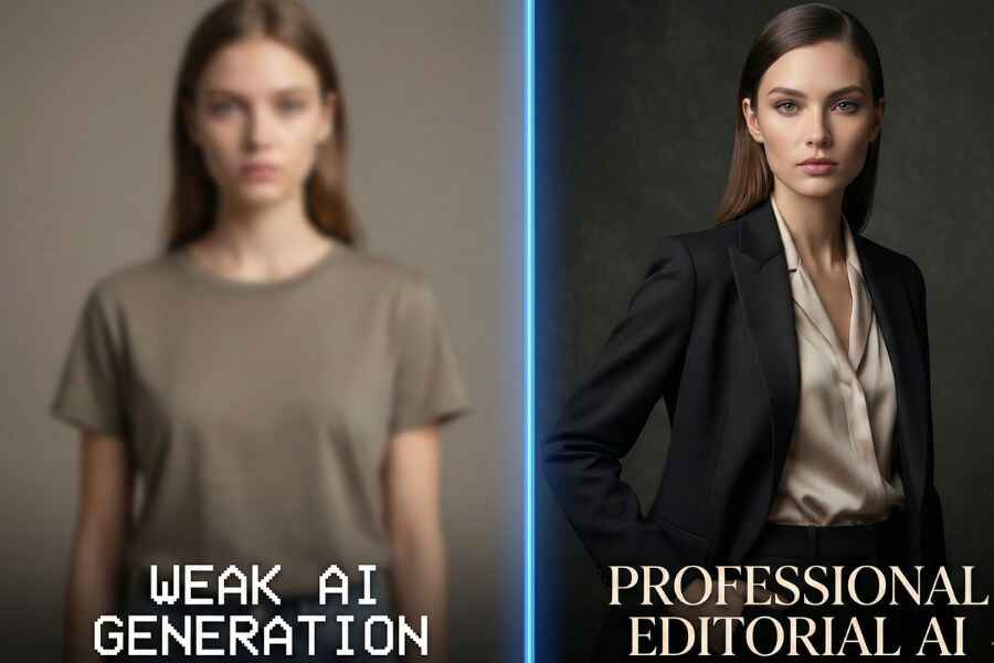 Fashion Prompt AI comparison between weak and professional Midjourney prompts