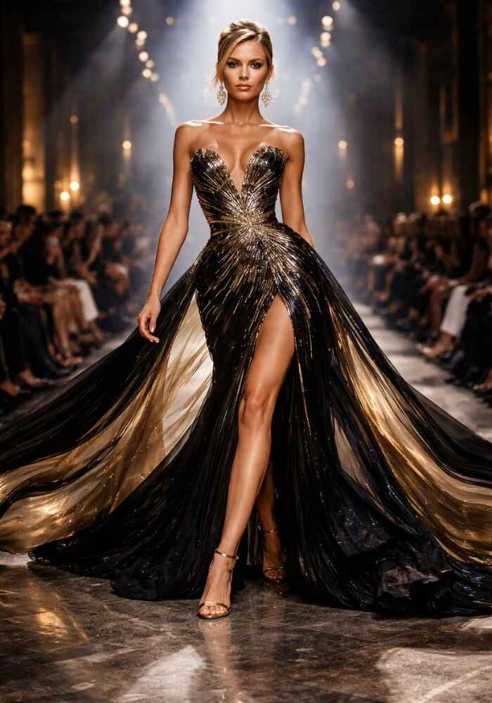 Luxury AI fashion runway show with black and gold couture gowns and cinematic lighting
