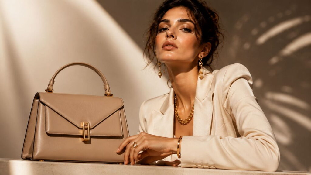 Commercial fashion photography prompt featuring AI-generated fashion model with luxury handbag and elegant studio lighting