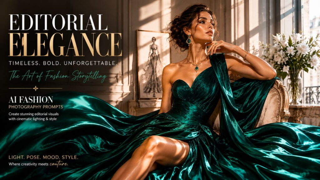 Editorial fashion photography prompts featuring AI-generated model in emerald couture gown with luxury magazine-style fashion editorial design
