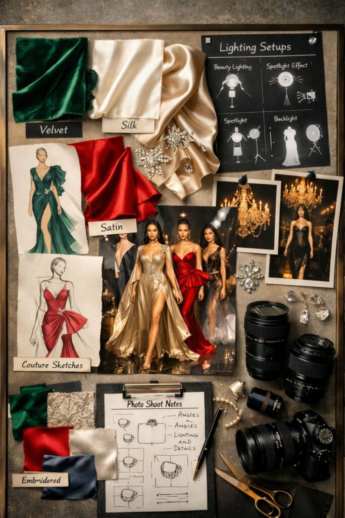 100 Luxury AI Fashion Prompts for Runway & Editorial Photoshoots (Ultimate Guide) 5 Luxury AI Fashion Prompts with fabrics lighting and photography elements