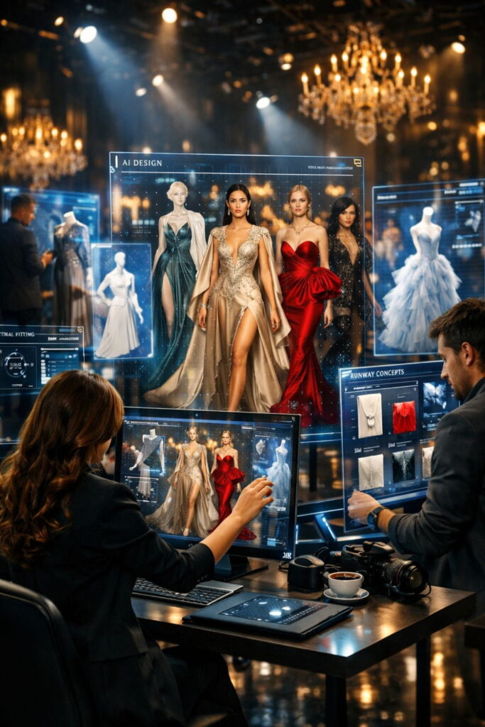 100 Luxury AI Fashion Prompts for Runway & Editorial Photoshoots (Ultimate Guide) 4 Luxury AI Fashion Prompts with fabrics lighting and photography elements