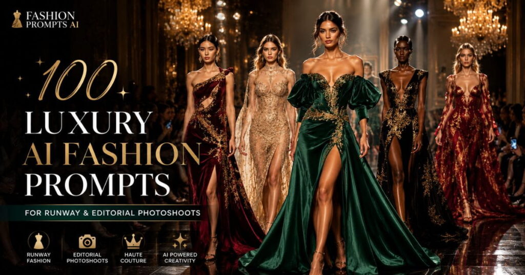 Luxury AI Fashion Prompts featuring couture runway and editorial fashion photography