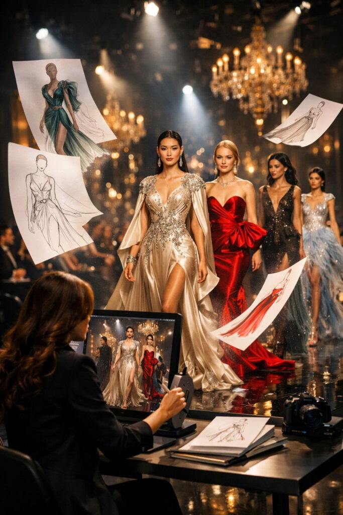 100 Luxury AI Fashion Prompts for Runway & Editorial Photoshoots (Ultimate Guide) 3 Luxury AI Fashion Prompts generating high-end couture fashion visuals