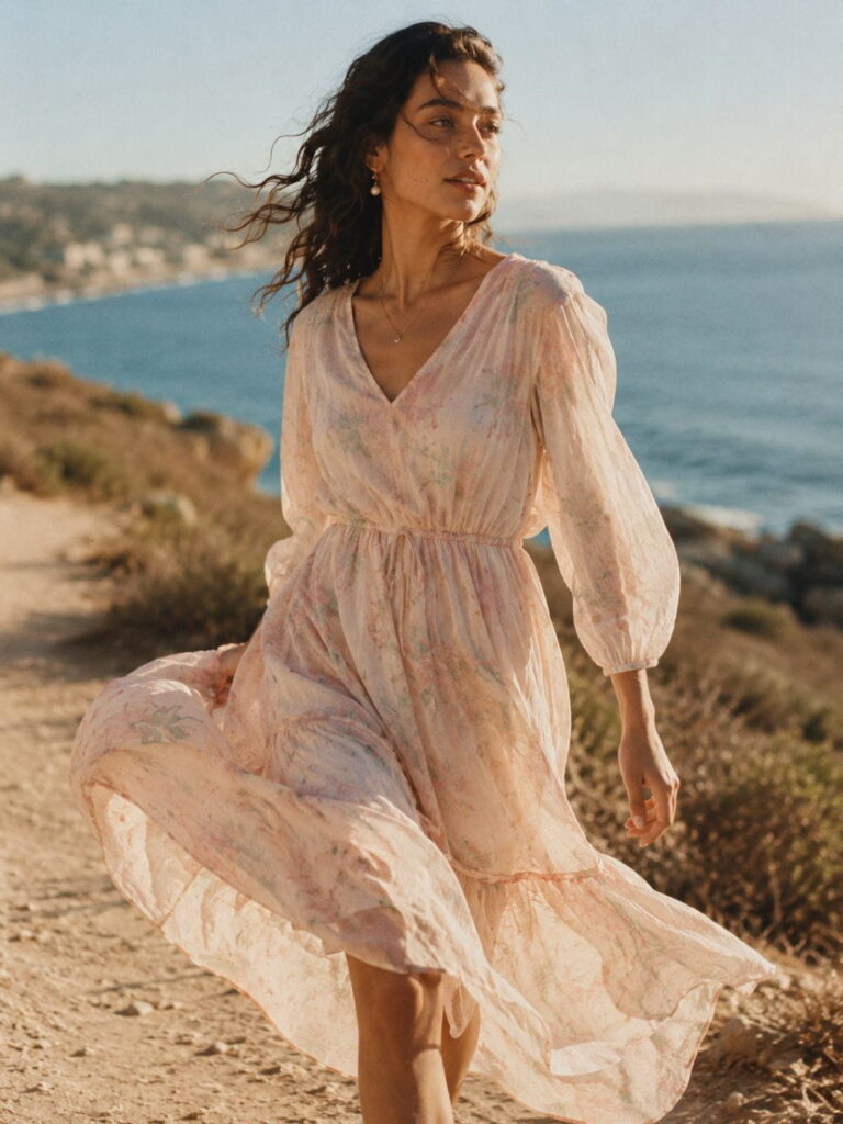 Editorial Motion Shot – Summer AI Fashion Prompts Editorial style summer AI fashion prompts photo showing motion and natural fabric movement