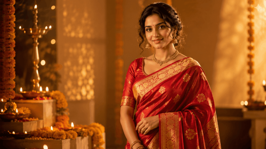Festive campaign image created with AI prompts for saree photography