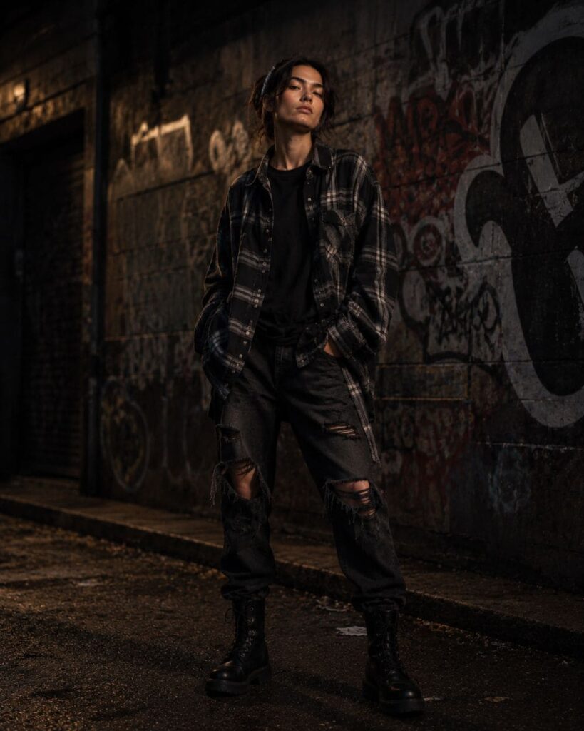 Grunge-style streetwear outfit made from an AI fashion prompt