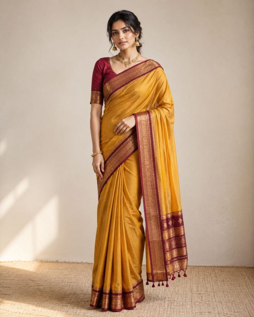 Saree draped in Nivi style generated using AI prompts for saree photography
