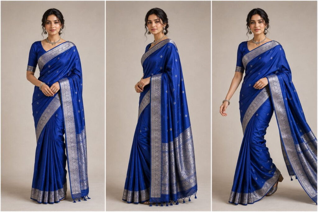 Multiple saree pose variations created with AI prompts for saree photography