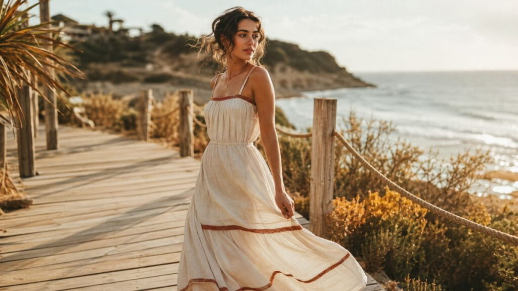 Combined Prompt Example – Summer AI Fashion Prompts Full combined summer AI fashion prompts example featuring linen sundress, golden hour light, and natural movement