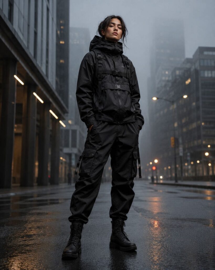 Techwear-style streetwear outfit generated using an AI prompt
