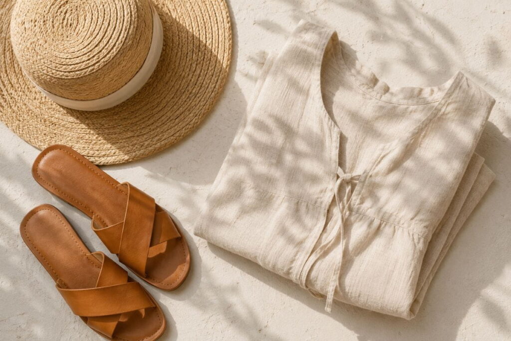 Texture Contrast Example – Summer AI Fashion Prompts Straw hat and leather sandals showing texture contrast in summer AI fashion prompts