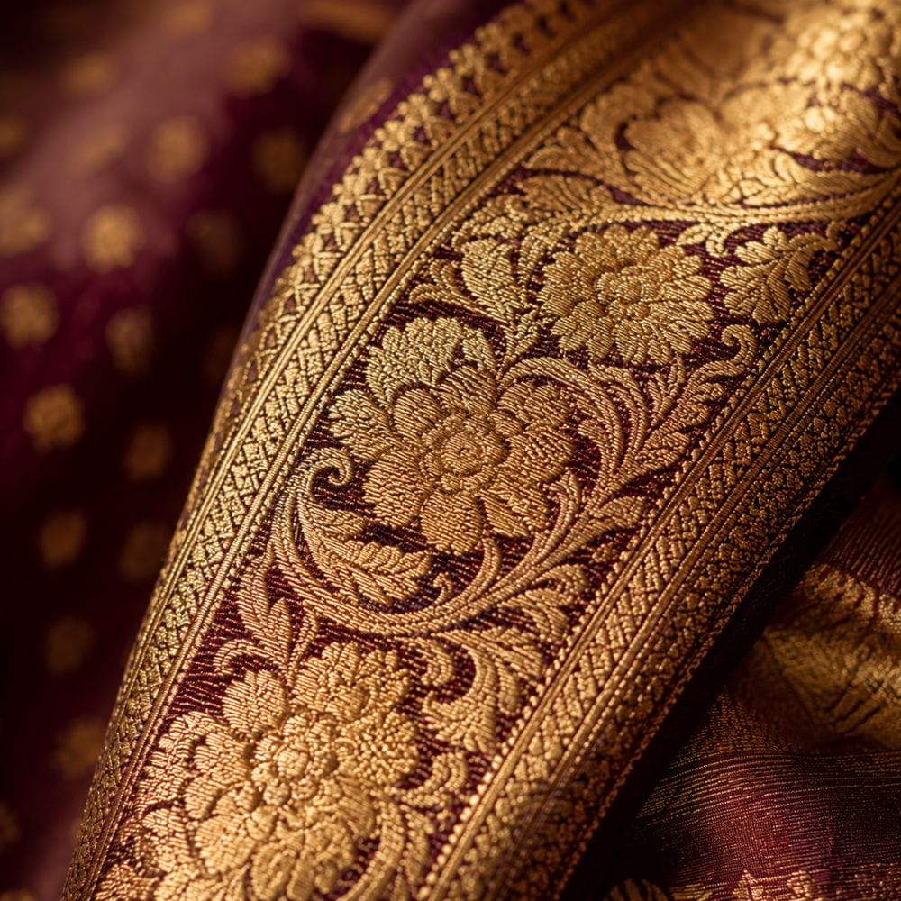 Zari embroidery close-up generated using AI prompts for saree photography