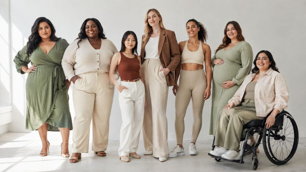 AI Fashion Prompts for Every Body Type featuring inclusive AI-generated fashion models wearing modern stylish outfits.