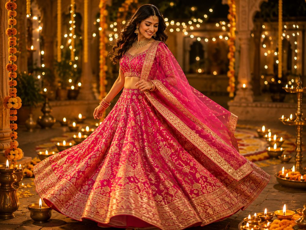 AI Prompts for Diwali Outfits – Festive Lehenga AI prompts for Diwali outfits featuring a pink and gold festive lehenga