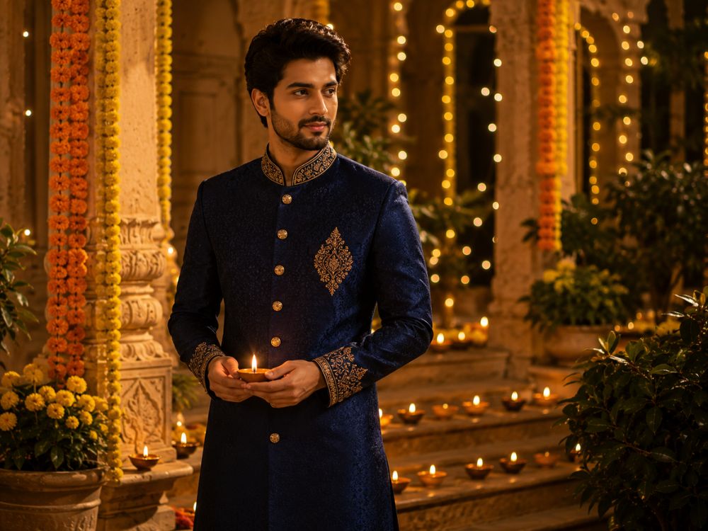 AI Prompts for Diwali Outfits – Men's Sherwani AI prompts for Diwali outfits featuring a navy blue festive sherwani