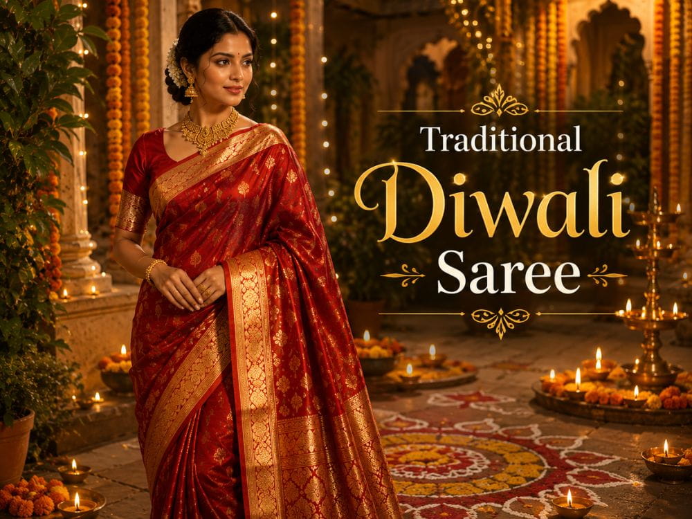 AI Prompts for Diwali Outfits – Traditional Saree AI prompts for Diwali outfits featuring a red Kanjeevaram silk saree