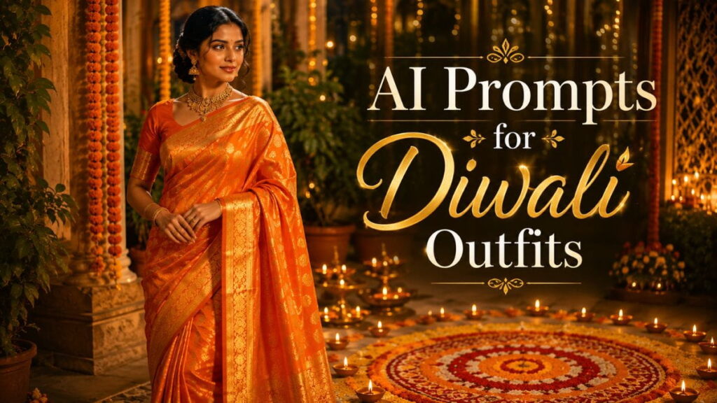 AI prompts for Diwali outfits featuring a festive orange and gold saree