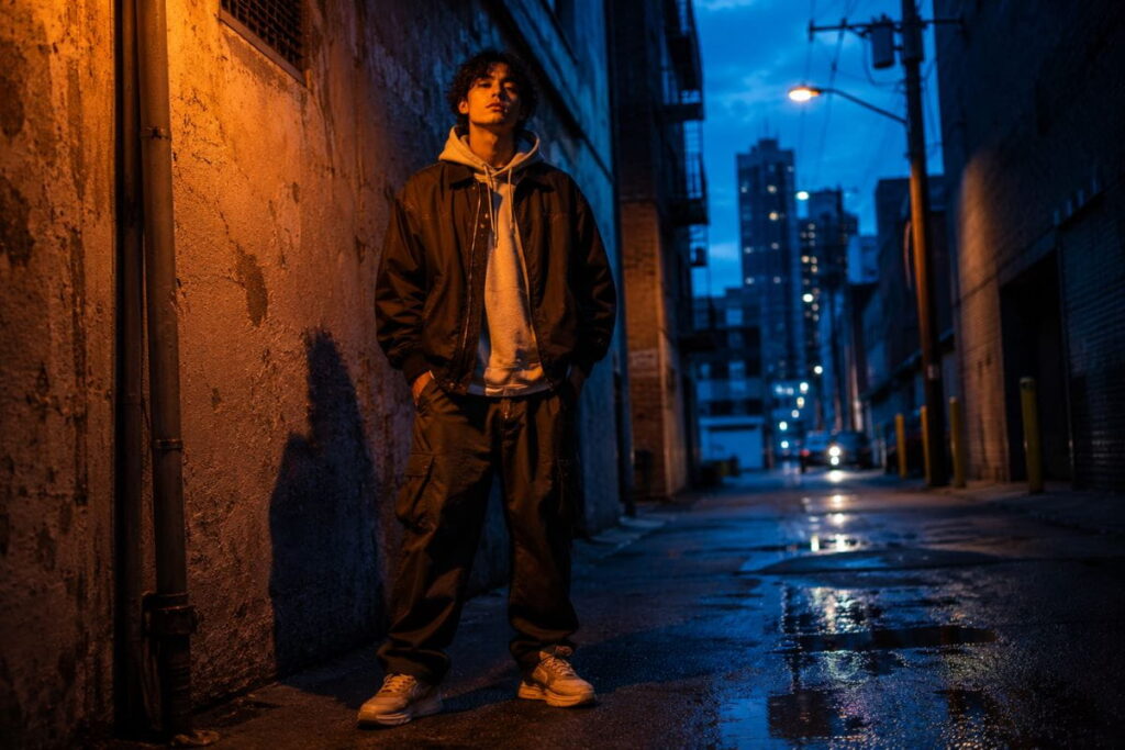 AI prompts for streetwear using warm and cool clashing light