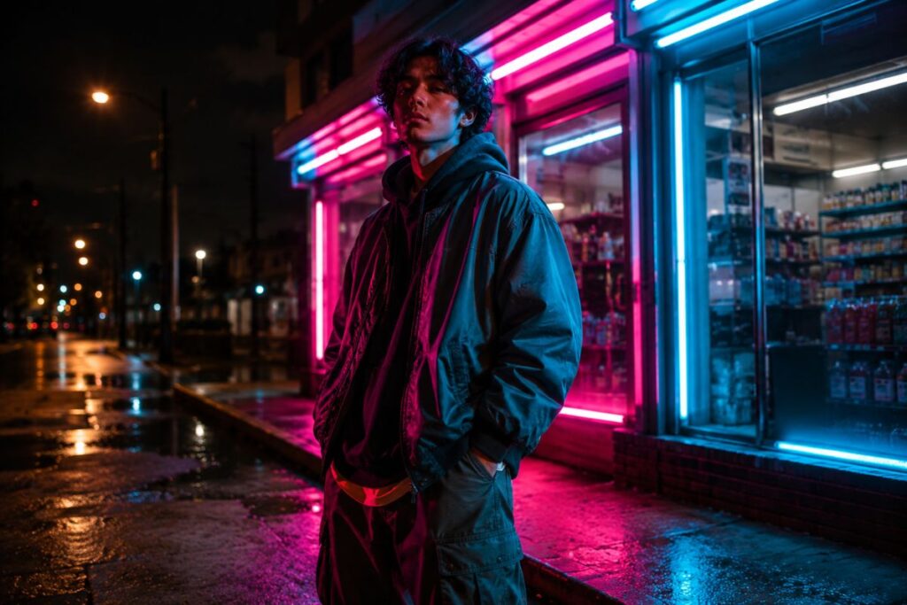 AI prompts for streetwear with neon signage as the key light