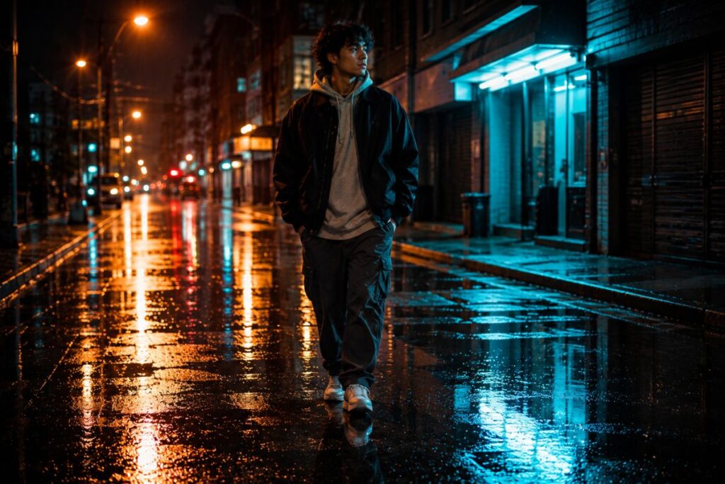 AI prompts for streetwear with wet pavement bounce lighting