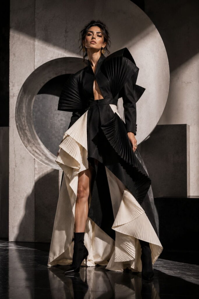 Avant-garde AI fashion prompts featuring sculptural couture