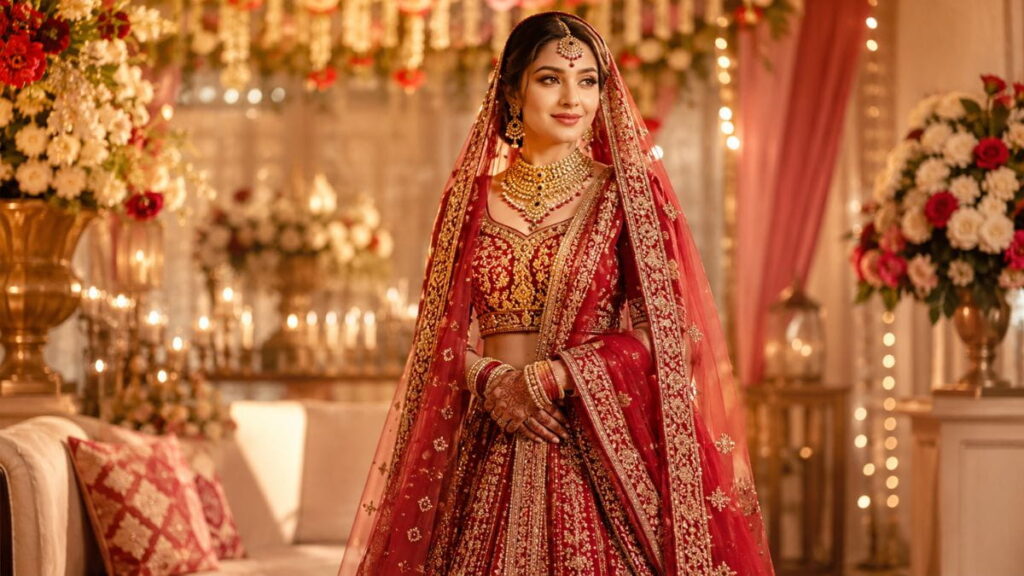 Bridal AI Fashion Prompts: 50 Stunning Wedding Ideas (Ultimate Guide) 6 Bridal AI fashion prompts showing an AI-generated bride in a red embroidered lehenga