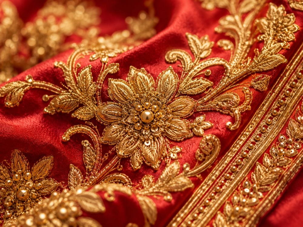 Bridal AI fashion prompts for close-up gold zardozi embroidery detail