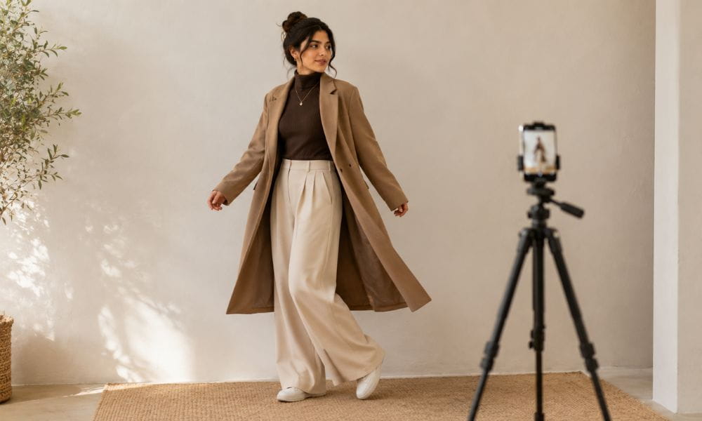 Filming a fashion Reel Content creator filming a fashion Reel using AI fashion prompts
