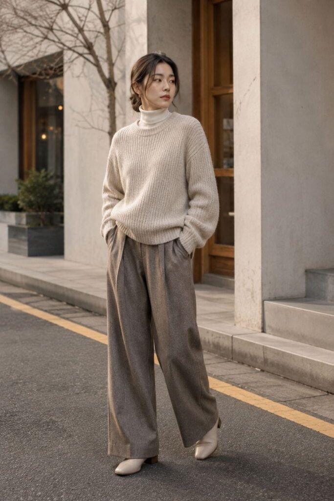 Cozy Layered Look – Korean Minimalist Fashion AI Prompt Korean minimalist layered autumn outfit with oatmeal knit sweater