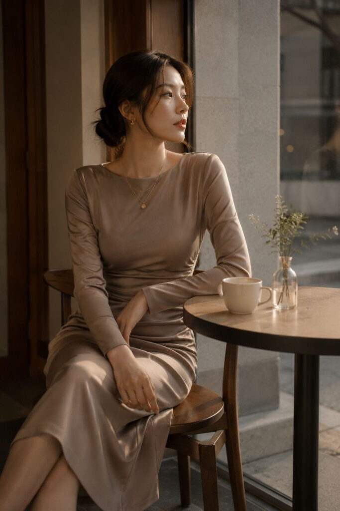 Date Night Look – Korean Minimalist Fashion AI Prompt Korean minimalist date night outfit with warm ambient lighting