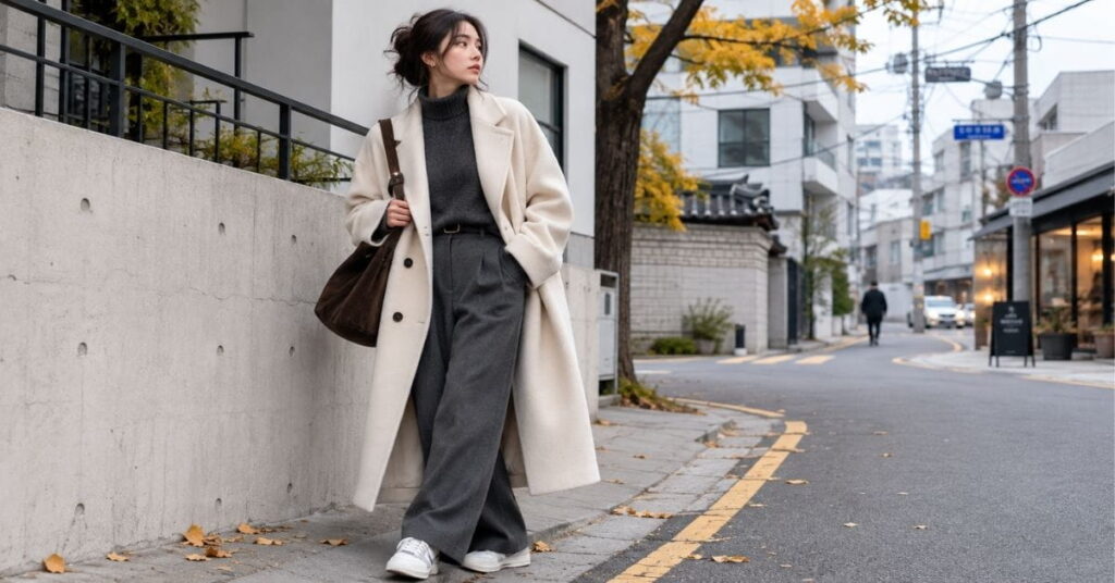 Korean minimalist fashion AI prompts outfit example in neutral tones