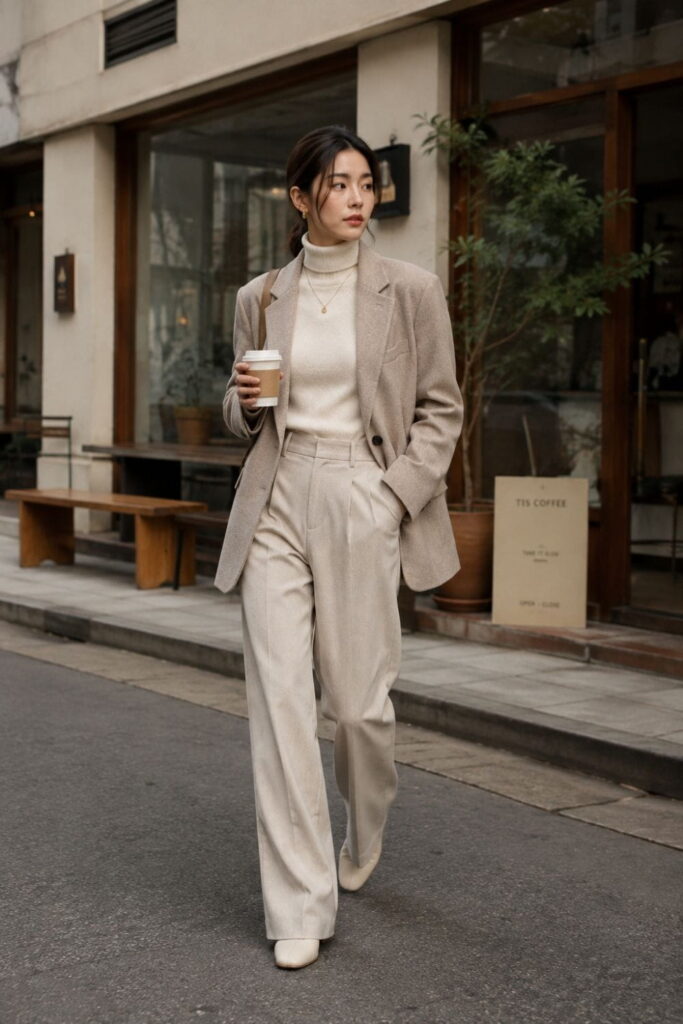 Everyday Office Look – Korean Minimalist Fashion AI Promp Korean minimalist office outfit with beige blazer and cream turtleneck