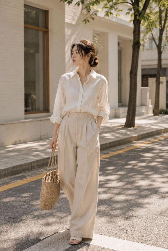Airy Spring Look – Korean Minimalist Fashion AI Prompt Korean minimalist spring outfit in lightweight linen fabric