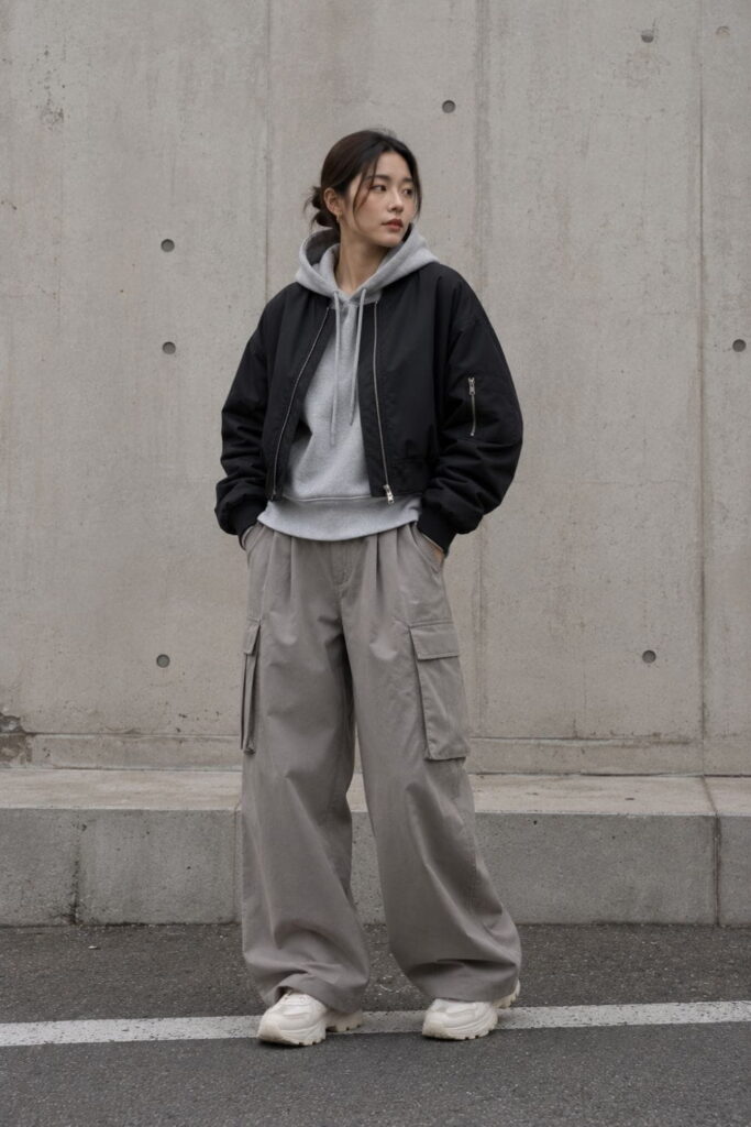 Streetwear Minimalism – Korean Minimalist Fashion AI Prompt Korean minimalist streetwear outfit with oversized silhouette