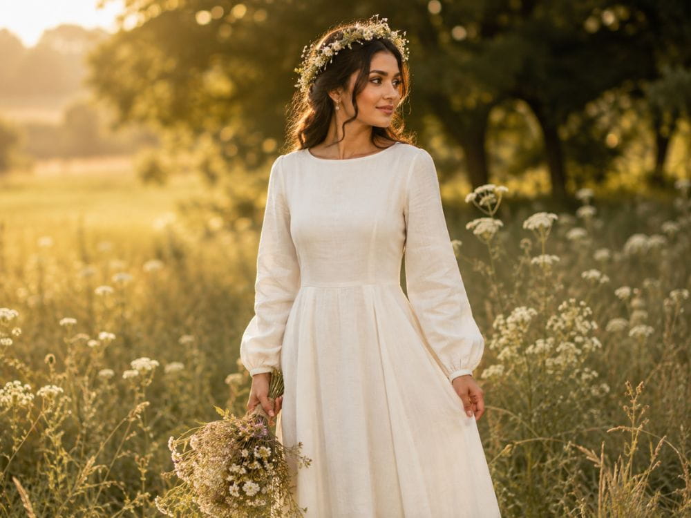 Bridal AI fashion prompts for minimalist ivory linen dress in a meadow
