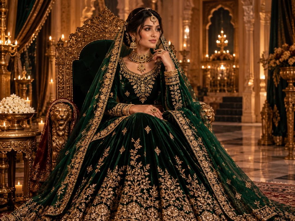 Bridal AI fashion prompts for regal emerald lehenga on a palace throne