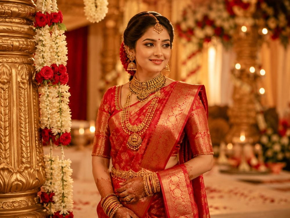 Bridal AI fashion prompts for traditional red saree with gold zari border