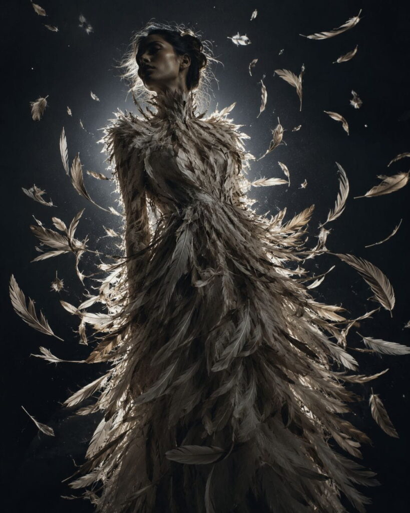 AI avant-garde fashion prompts example of a garment frozen mid-motion defying gravity
