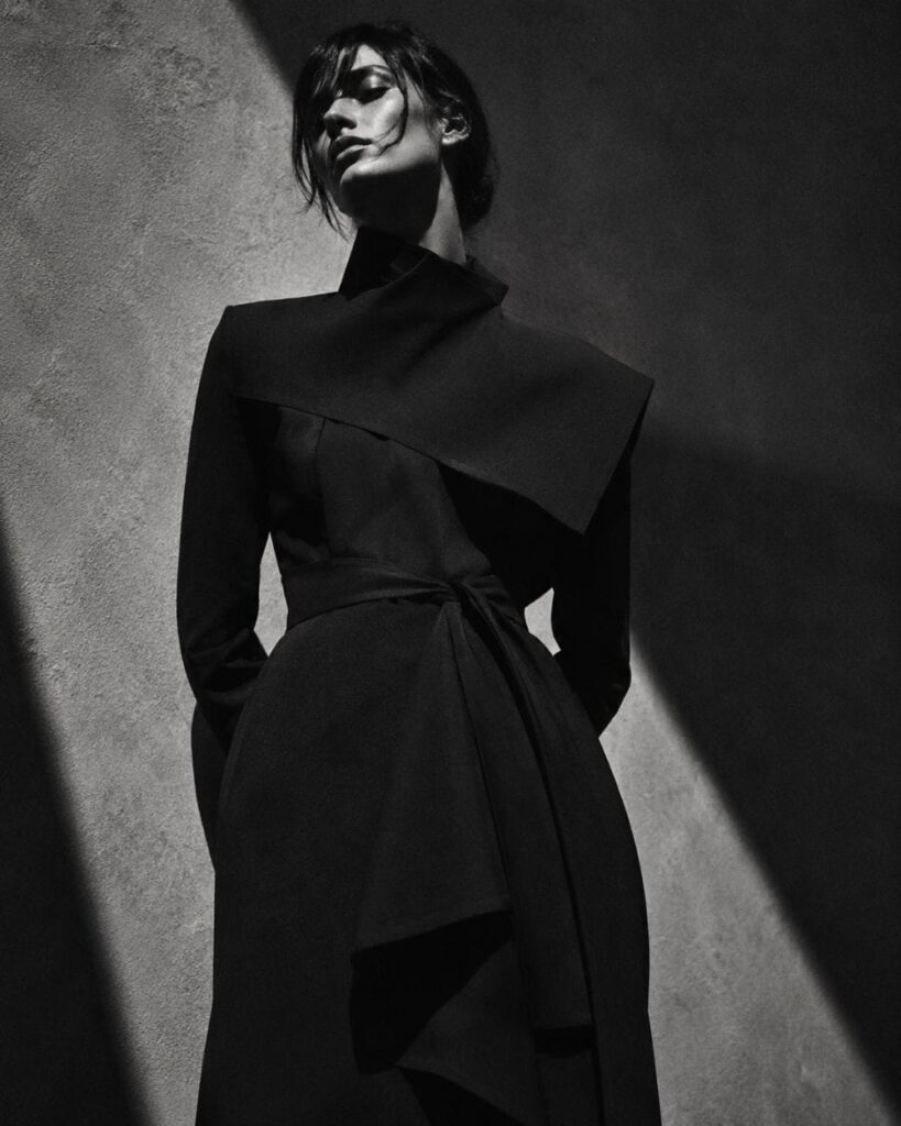 AI avant-garde fashion prompt example using dramatic editorial lighting inspired by fashion photography