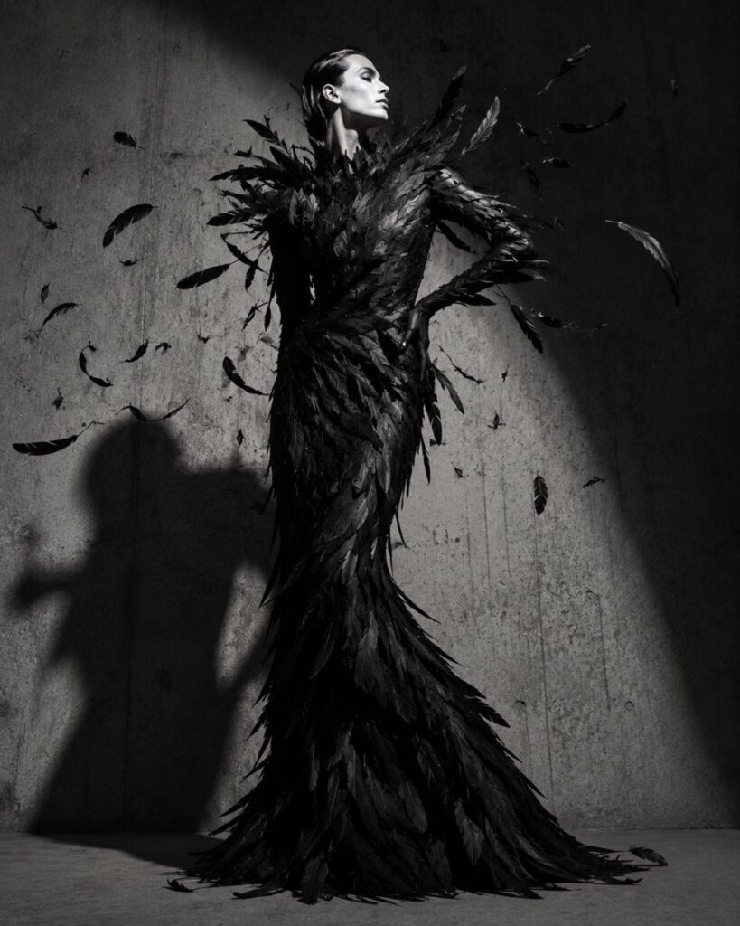 AI avant-garde fashion prompt example showing a full five-part layered structure in one editorial image