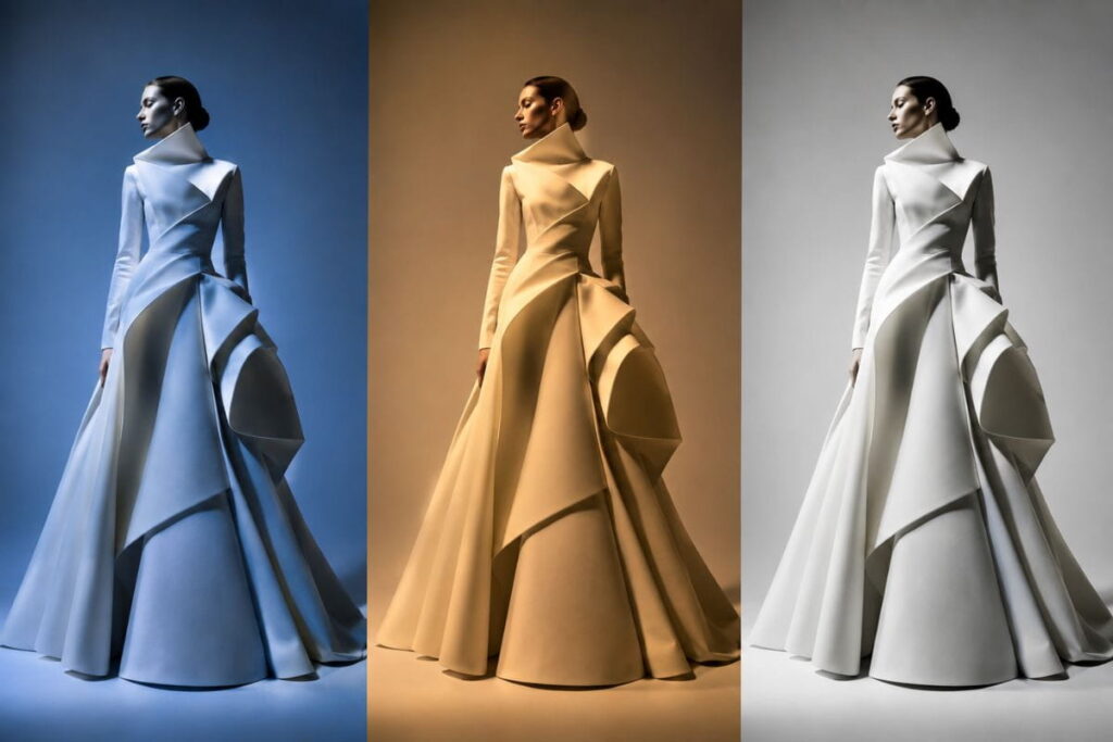 AI avant-garde fashion prompts example showing three iterative variations of the same avant-garde concept