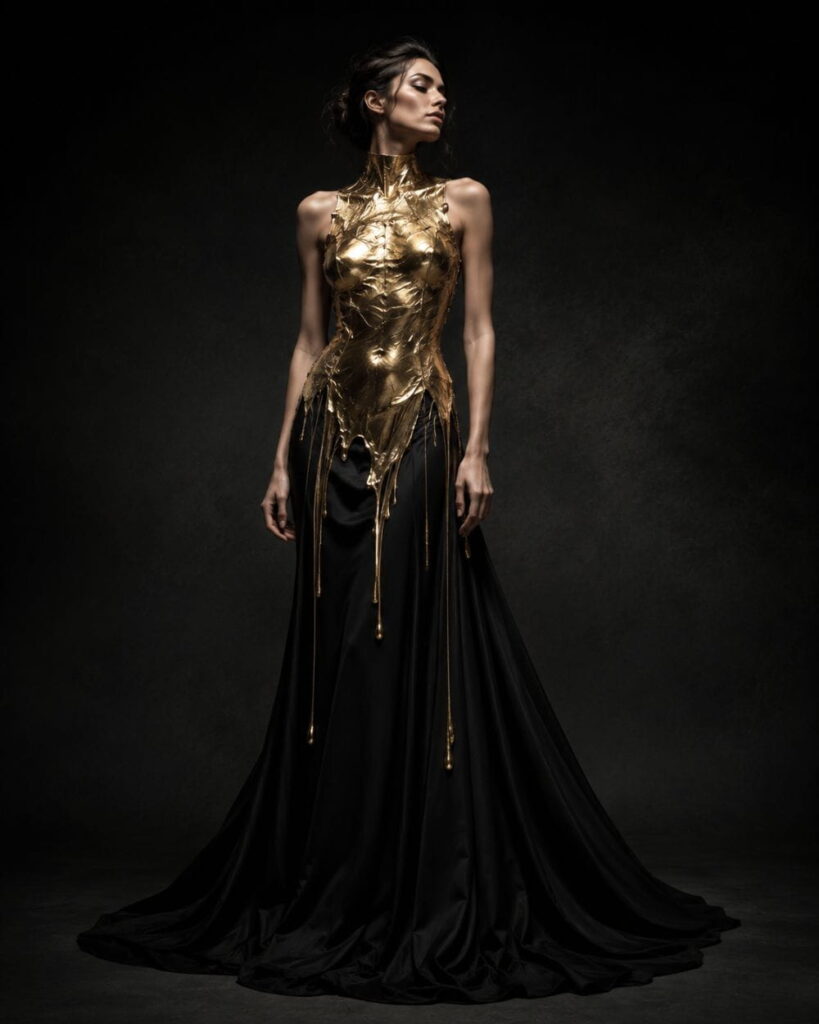 AI avant-garde fashion prompts example showing molten gold material frozen mid-drip on a garment