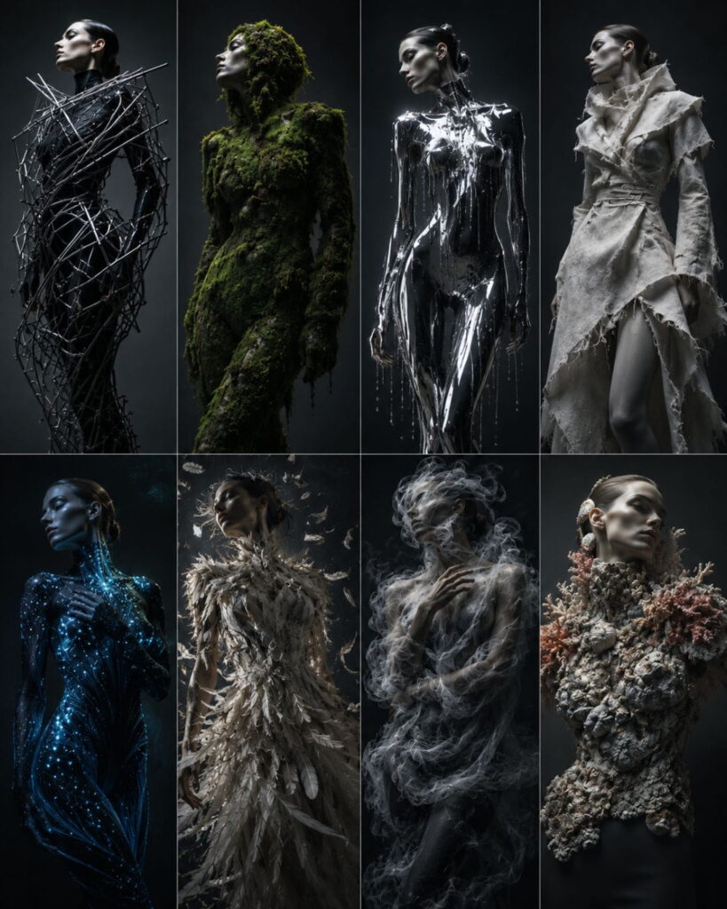AI avant-garde fashion prompts sample grid showing eight different avant-garde editorial looks