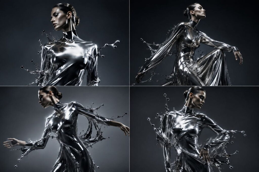 AI avant-garde fashion prompts example showing a cohesive series built around one liquid metal concept